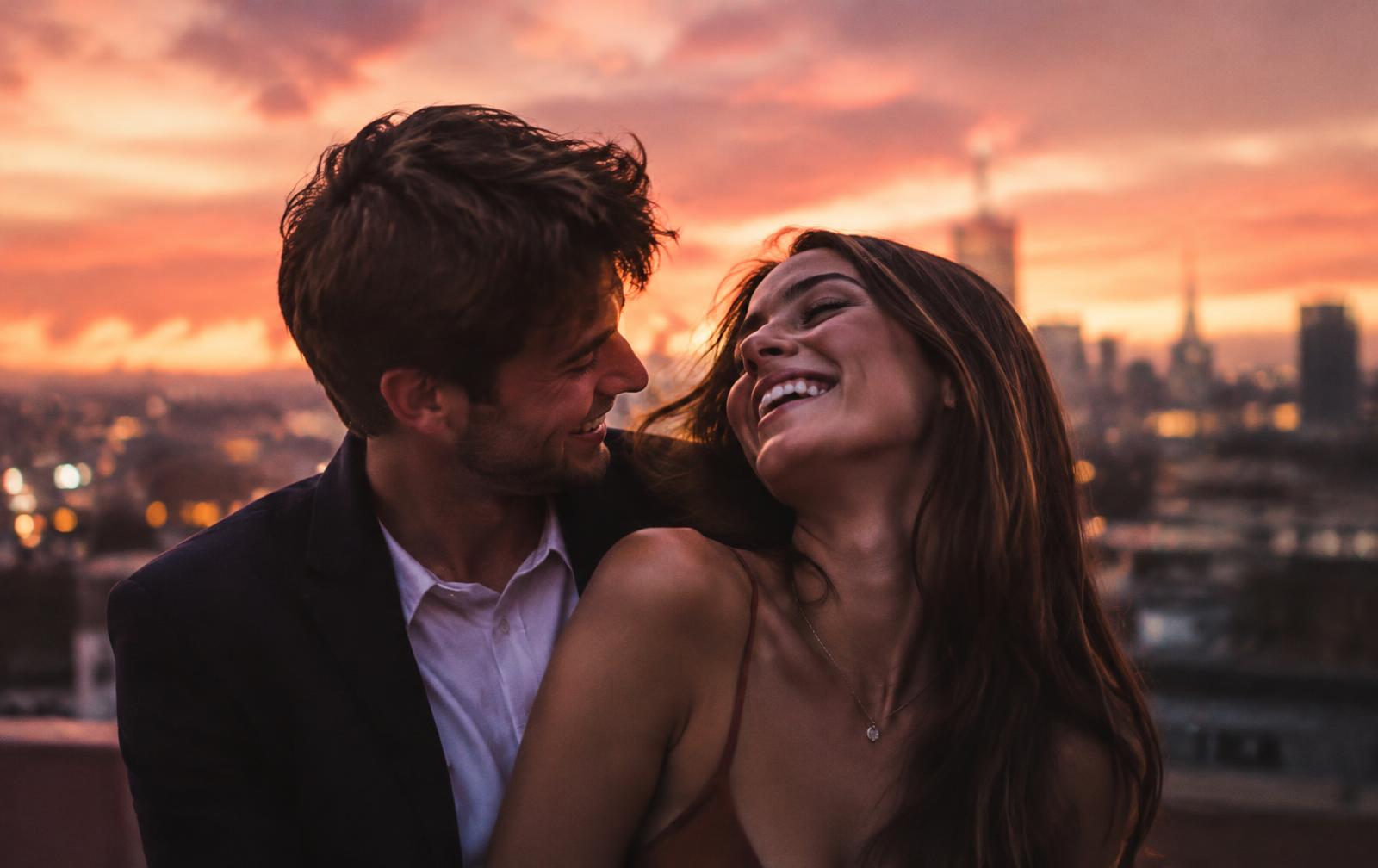 Casal sorrindo ao pôr do sol